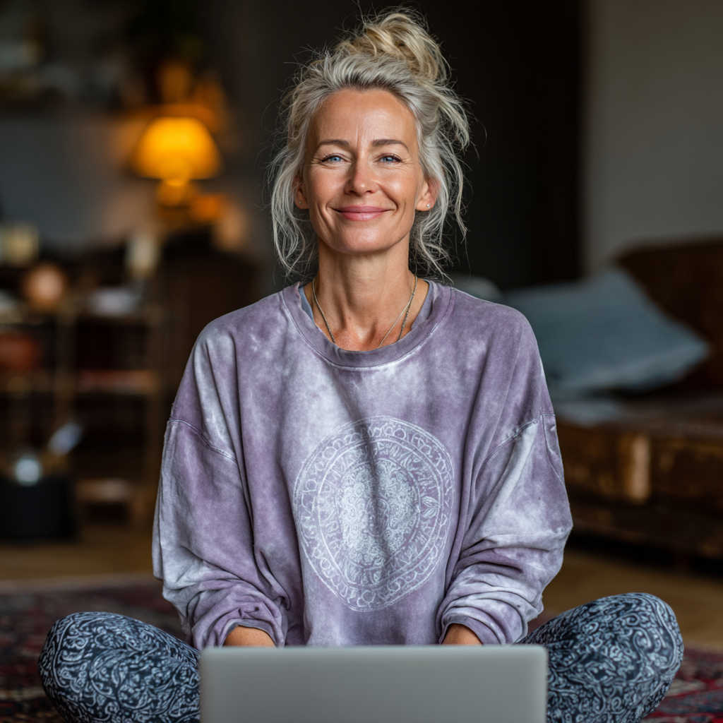 Mujer de 52 años practicando yoga frente a una laptop en su sala de estar, siguiendo una clase online con una sonrisa de satisfacción