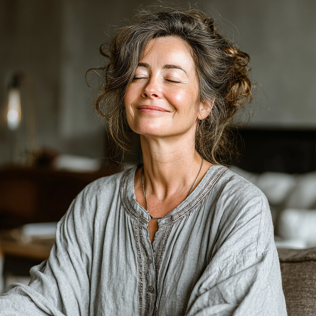 Mujer de 55 años en postura de yoga relajada, sonriendo mientras practica en un ambiente tranquilo