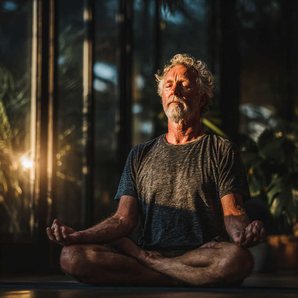 Hombre de 58 años sentado en posición de loto con los ojos cerrados, practicando ejercicios de respiración en un ambiente sereno