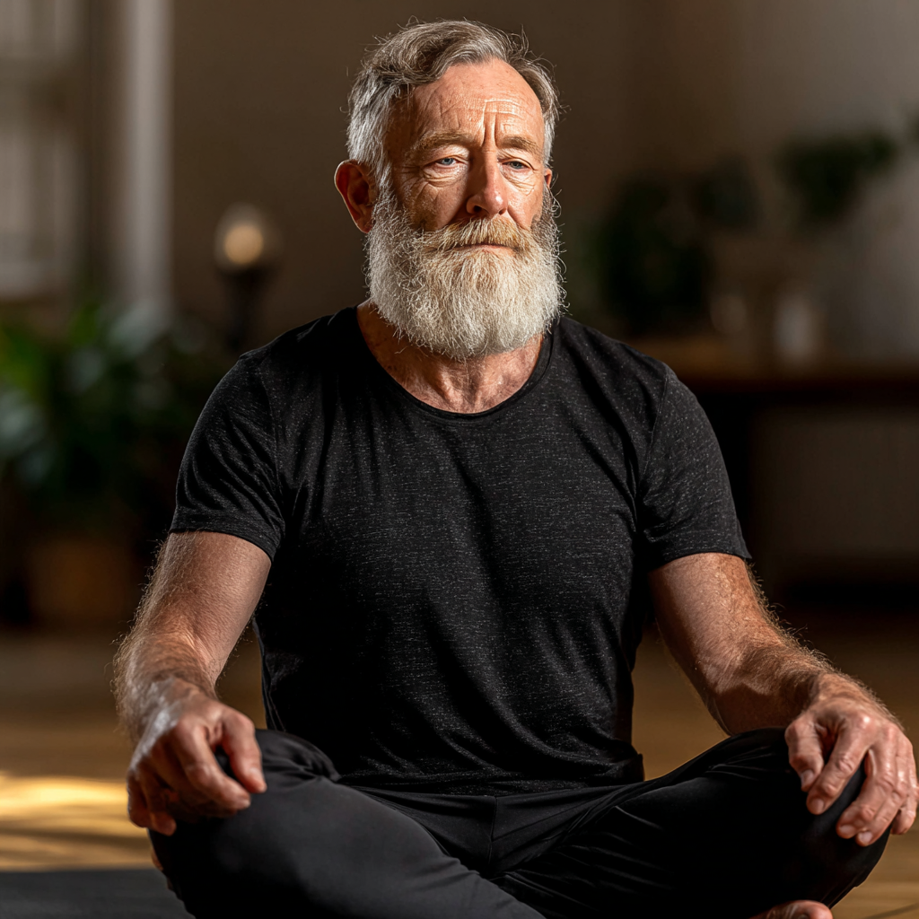 Hombre de 60 años realizando una postura de yoga en un estudio luminoso, con expresión serena y concentrada